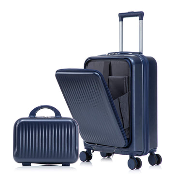 2 pcs set in ABS Spinner Wheel Luggage with Combination Lock and Front Opening Design 14 Cosmetic Case Navy