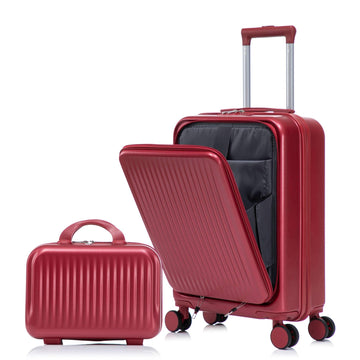 2 pcs set in ABS Spinner Wheel Luggage with Combination Lock and Front Opening Design 14 Cosmetic Case Red