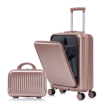 2 pcs set in ABS Spinner Wheel Luggage with Combination Lock and Front Opening Design 14 Cosmetic Case Champagne