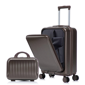 2 pcs set in ABS Spinner Wheel Luggage with Combination Lock and Front Opening Design 14 Cosmetic Case Brown