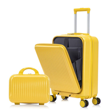 2 pcs set in ABS Spinner Wheel Luggage with Combination Lock and Front Opening Design 14 Cosmetic Case Yellow