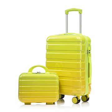 2 pcs set in PC Spinner Wheel Luggage Carry on Suitcase With Gradient Color and Combination Lock Yellow Green