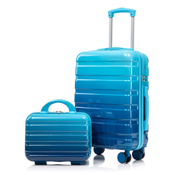 2 pcs set in PC Spinner Wheel Luggage Carry on Suitcase With Gradient Color and Combination Lock Navy Light Blue