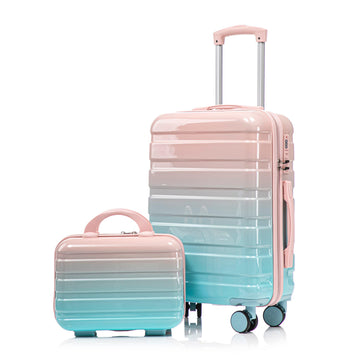 2 pcs set in PC Spinner Wheel Luggage Carry on Suitcase With Gradient Color and Combination Lock Blue Pink