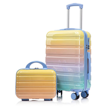 2 pcs set in PC Spinner Wheel Luggage Carry on Suitcase With Gradient Color and Combination Lock Blue Yellow
