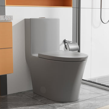 Matte Grey Elongated One Piece Toilet Dual Flush 1116 GPF Map 1000g Comfort Seat Height Sleek Skirted Design
