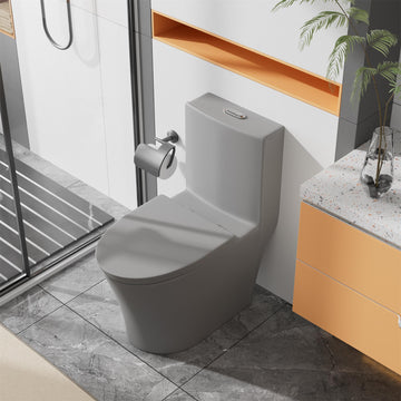 Matte Grey Elongated One Piece Toilet Dual Flush 1116 GPF Map 1000g Comfort Seat Height Sleek Skirted Design