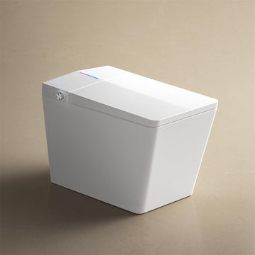 Square Smart Toilet With Built in Tank Foot Touching Lid Opening Auto Flush Heated Seat Remote Control LED Display User Memory White