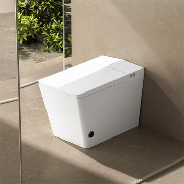 Square Smart Toilet With Built in Tank Foot Touching Lid Opening Auto Flush Heated Seat Remote Control LED Display User Memory White