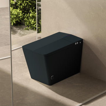 Black Square Smart Toilet Built in Tank Foot Touching Lid Opening Auto Flush Heated Seat LED Display User Memory Remote Control Matte Black