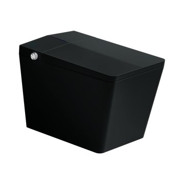 Black Square Smart Toilet Built in Tank Foot Touching Lid Opening Auto Flush Heated Seat LED Display User Memory Remote Control Matte Black