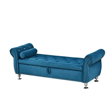 62.2In Blue Velvet Storage Bench w Crystal Buttons&Pillow for Bedroom Living Room