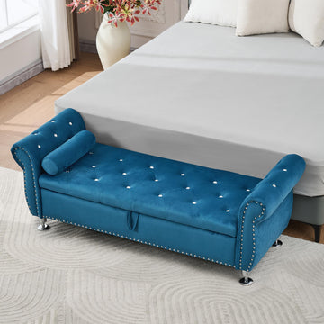 62.2In Blue Velvet Storage Bench w Crystal Buttons&Pillow for Bedroom Living Room