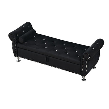 62.2In Black Velvet Storage Bench w Crystal Buttons&Pillow for Bedroom Living Room