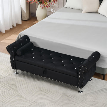 62.2In Black Velvet Storage Bench w Crystal Buttons&Pillow for Bedroom Living Room