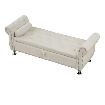 62.2In Beige Velvet Storage Bench w Crystal Buttons&Pillow for Bedroom Living Room