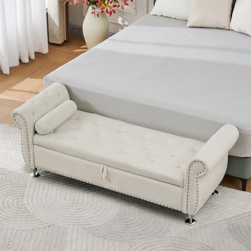 62.2In Beige Velvet Storage Bench w Crystal Buttons&Pillow for Bedroom Living Room