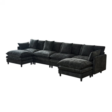 140.9In Black Cashmere U-Shaped Sofa w 2 Ottomans 4 Cushions&2 Pillows