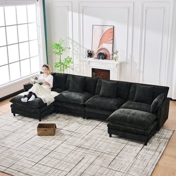 140.9In Black Cashmere U-Shaped Sofa w 2 Ottomans 4 Cushions&2 Pillows