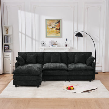 101.9In Black Cashmere Modular Sofa 3-Seater with Movable Footstool