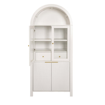 71 Inch Fluted Tall Arched Pantry Cabinet with Glass Door and Hidden Drawer White
