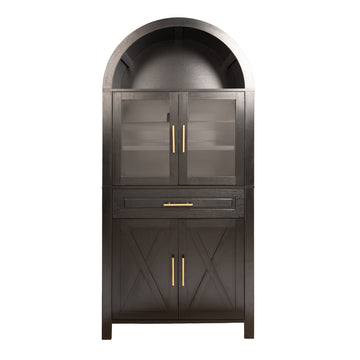 71 Inch Arched Glass Door Pantry Cabinet Farmhouse Storage with Barn Door Design Black