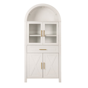 71 Inch Arched Glass Door Pantry Cabinet Farmhouse Storage with Barn Door Design White