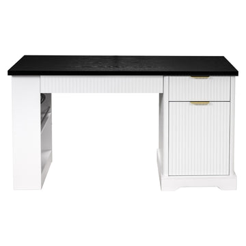 55 Inch Fluted Office Desk with Storage Cabinet Drawers and Power Outlet White