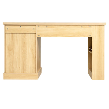 55 Inch Fluted Office Desk with Storage Cabinet Drawers and Power Outlet Light Oak