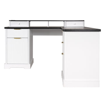 59 Inch Fluted L Shaped Desk with Charging Station and Storage Cabinet White