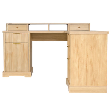 59 Inch Fluted L Shaped Desk with Charging Station and Storage Cabinet Oak