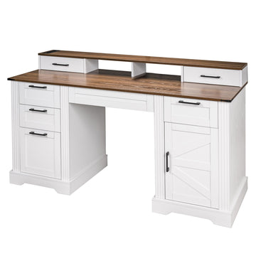 59 Inch Farmhouse Desk with Charging Station and Barn Door Cabinet White