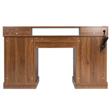 59 Inch Farmhouse Desk with Charging Station and Barn Door Cabinet Dark Walnut