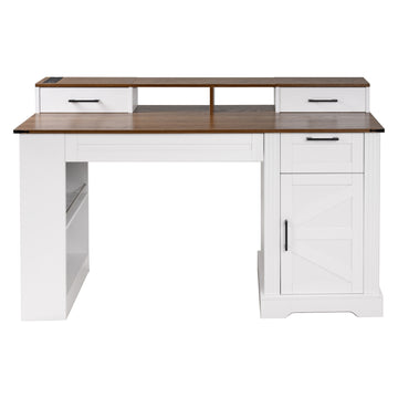 55 Inch Farmhouse Desk with Barn Door Cabinet and Charging Station White and Brown