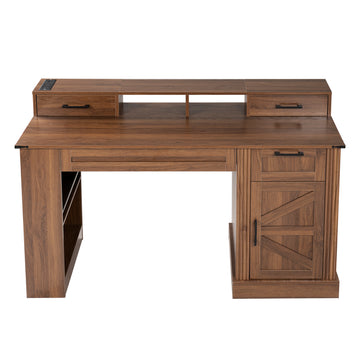55 Inch Farmhouse Desk with Barn Door Cabinet and Charging Station Dark Walnut