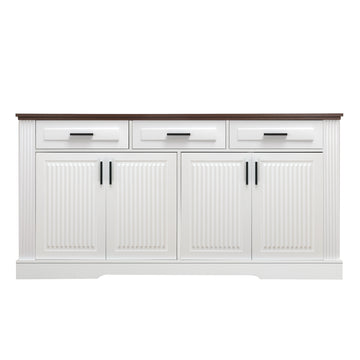 63 Inch Fluted Sideboard Buffet Cabinet with 4 Doors and 3 Drawers White and Wood