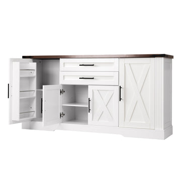 63 Inch Farmhouse Barn Door Storage Cabinet with Drawers and Door Rack White