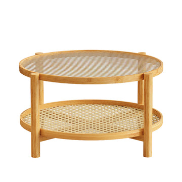 Rattan Coffee Table 2 Tier Bamboo Round Table with Glass Top and PVC Rattan Shelf Natural