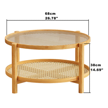 Rattan Coffee Table 2 Tier Bamboo Round Table with Glass Top and PVC Rattan Shelf Natural