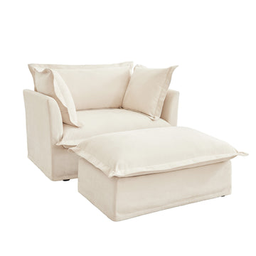 Upholstered Slipcovered Deep Seat Armchair with Ottoman Chenille Fabric Cream