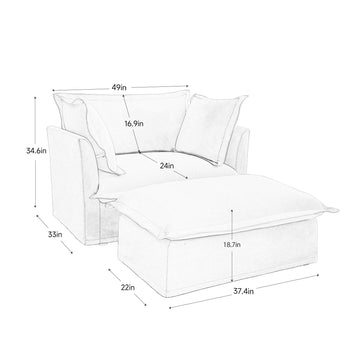 Upholstered Slipcovered Deep Seat Armchair with Ottoman Chenille Fabric Cream