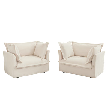 Set of 2 Slipcovered Deep Seat Armchairs with Large Cushions Chenille Cream