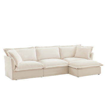 Chenille Slipcovered 3 Seater Deep Seat Sofa Cream with Convertible Ottoman