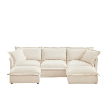 Chenille Slipcovered 3 Seater Deep Seat Sofa Cream with 2 Ottomans