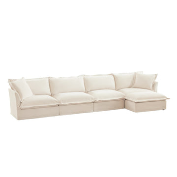 Slipcovered Chenille 4 Seater Cloud Sofa Cream with Ottoman