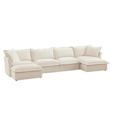 Slipcovered Chenille 4 Seater Cloud Sofa Cream with 2 Ottomans