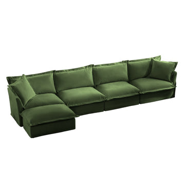 Slipcovered Chenille 4 Seater Cloud Sofa Green with Ottoman