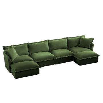 Slipcovered Chenille 4 Seater Cloud Sofa Green with 2 Ottomans