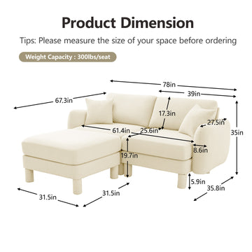 Boucle Fabric 2 Seat Sectional Loveseat Sofa