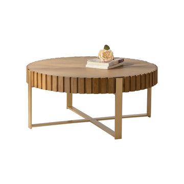 Round Two Ply Wooden Coffee Table Handcrafted Relief Design with Sturdy Pedestal and Metal Legs for Living Room